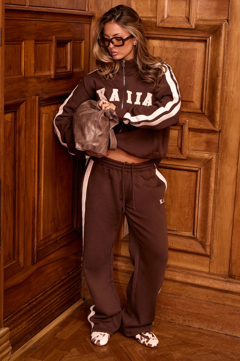 Kaiia Kaiia Sport Stripe Funnel Neck Zip Through Sweatshirt Bitter Chocolate & Cream - 3