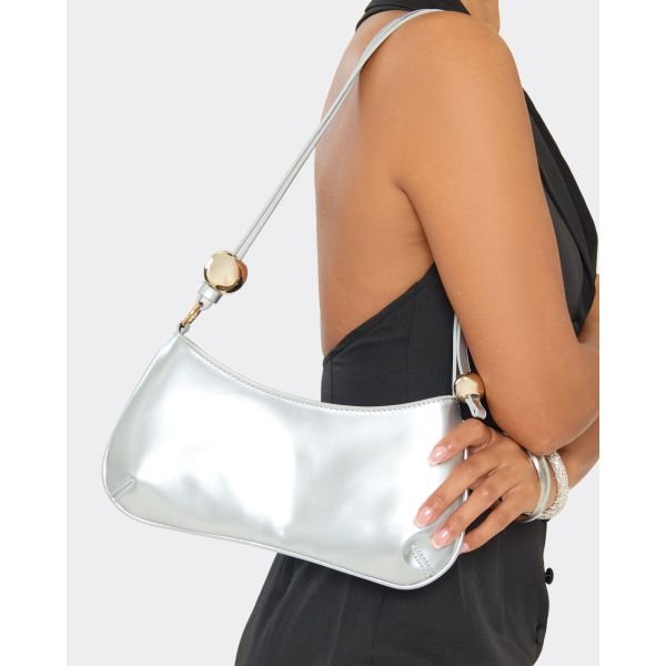 EGO Melodies Bead Strap Detail Shaped Shoulder Bag In Silver Faux Leather, Women's Size UK One Size - 2