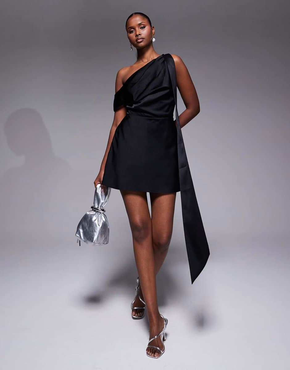 ASOS ASOS DESIGN satin scarf detail fallen shoulder playsuit in black