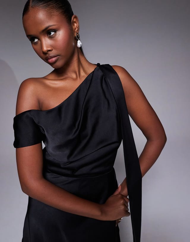 ASOS ASOS DESIGN satin scarf detail fallen shoulder playsuit in black - 3