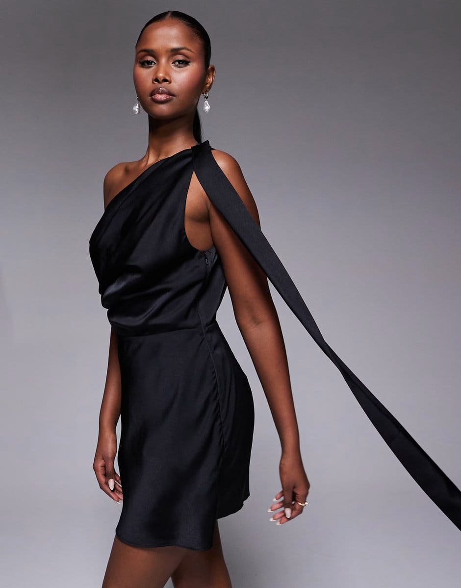 ASOS ASOS DESIGN satin scarf detail fallen shoulder playsuit in black - 4