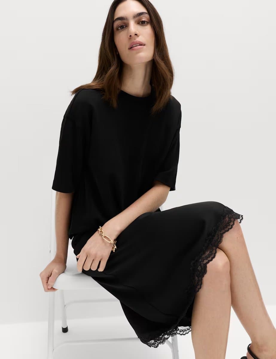 Marks & Spencer M&S Lace Detail Knee Length Slip Skirt Black