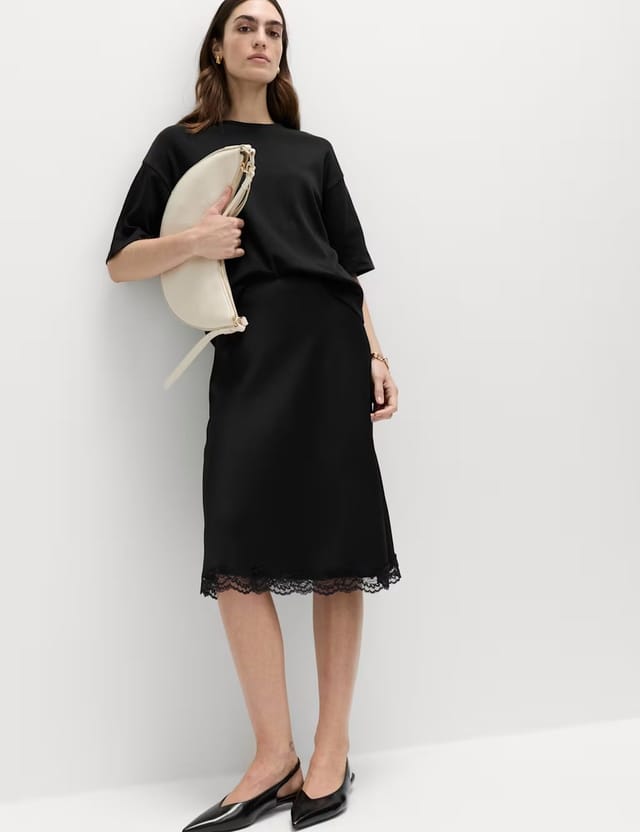 Marks & Spencer M&S Lace Detail Knee Length Slip Skirt Black - 3