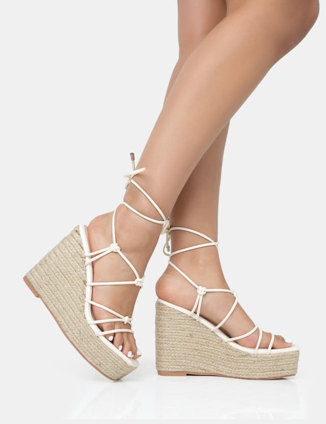 Public Desire Islander Ecru Lace Up Square Toe High Heeled Sandal Esparille Wedges - 2