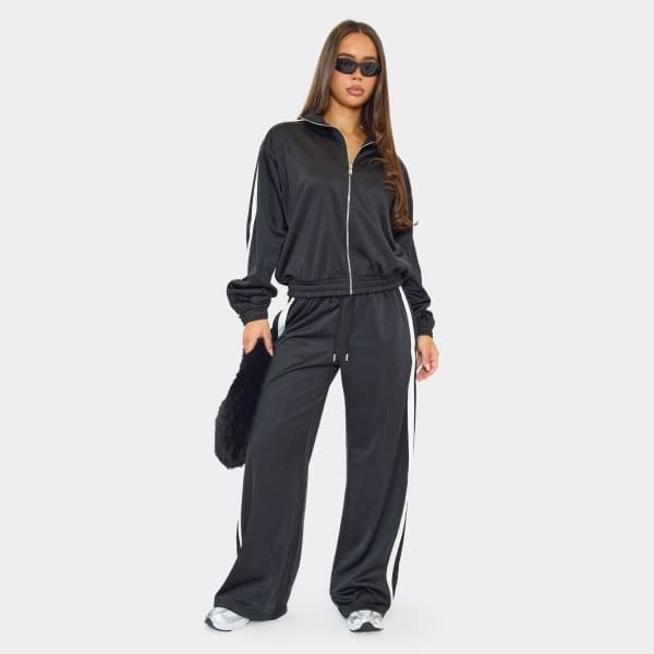 EGO Mid Rise Contrast Side Stripe Track Pants In Black, Women's Size UK 6 - 1