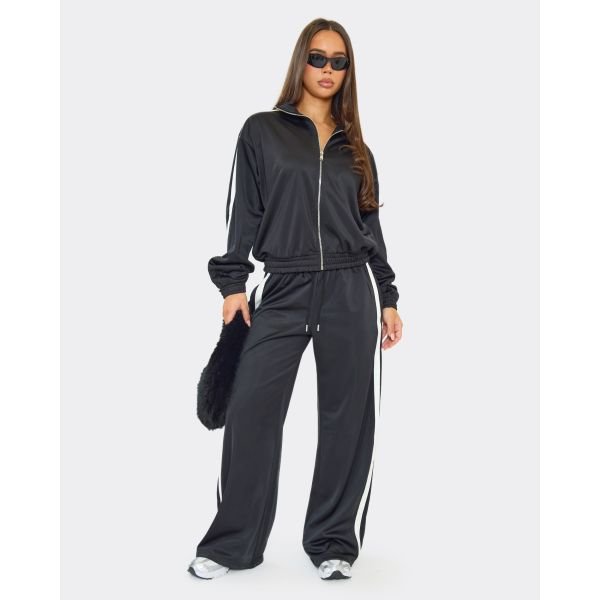 EGO Mid Rise Contrast Side Stripe Track Pants In Black, Women's Size UK 6 - 2