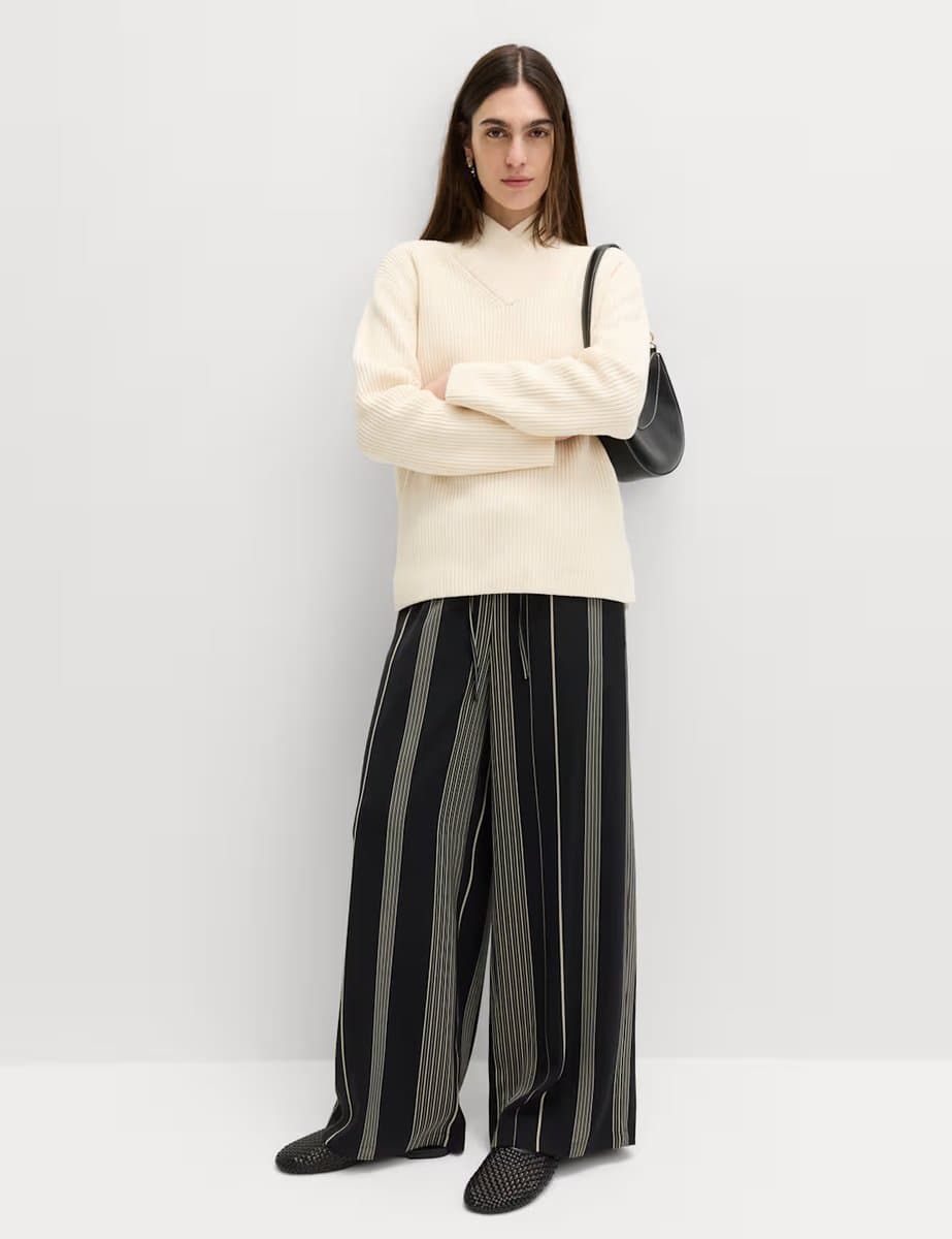 Marks & Spencer M&S Satin Twill Striped Trousers Black Mix