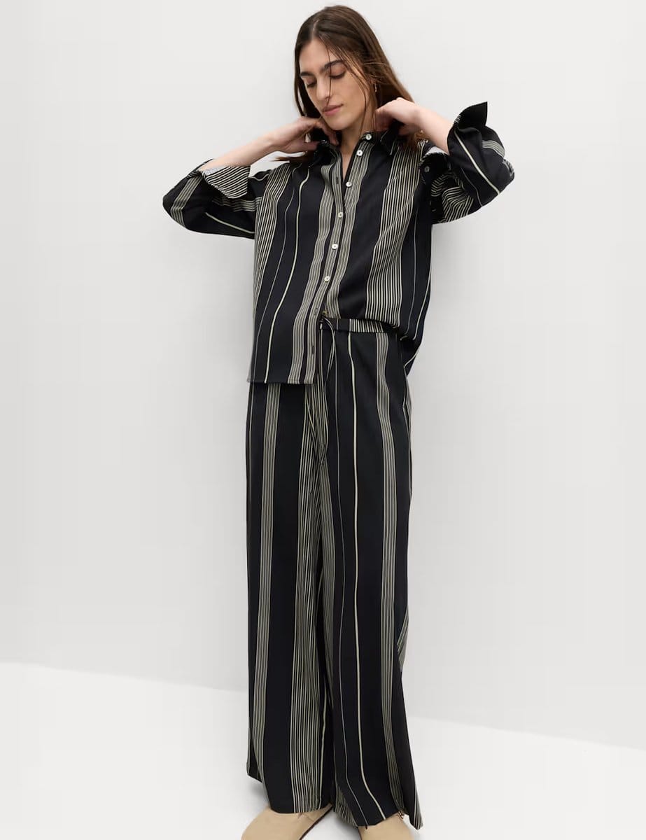 Marks & Spencer M&S Satin Twill Striped Trousers Black Mix - 4