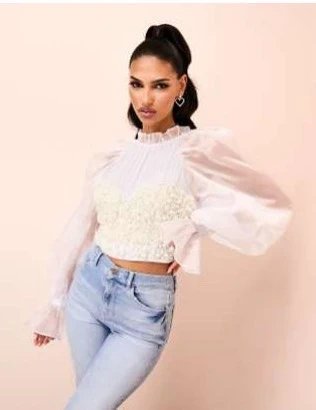 Asos luxe Beautiful pearl detail bustier side zip chiffon top - 2