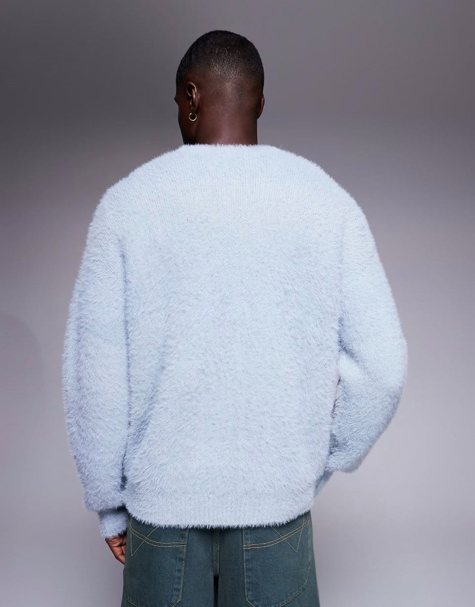 ASOS ASOS DESIGN relaxed fluffy knitted crew neck jumper in blue - 3