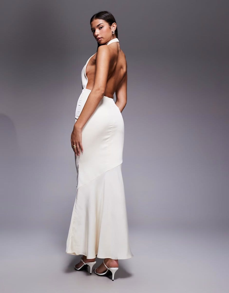 ASOS Oh Polly Desiree halter neck satin maxi dress in ivory - 4