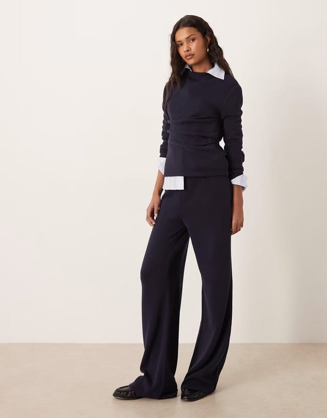 ASOS Mango Canela ruched side long sleeve top co-ord in light navy - 2