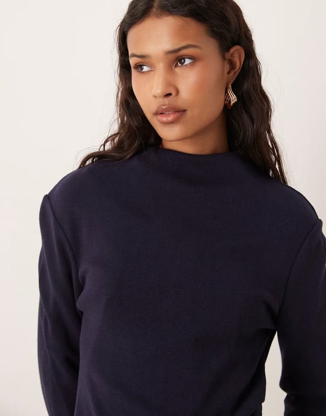 ASOS Mango Canela ruched side long sleeve top co-ord in light navy - 3