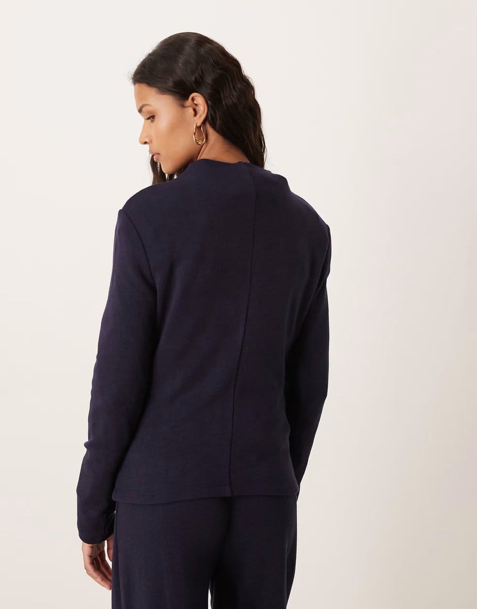 ASOS Mango Canela ruched side long sleeve top co-ord in light navy - 4