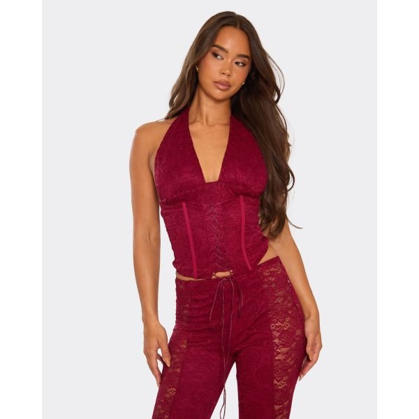 EGO Halterneck Lace Up Corset Top In Burgundy Lace, Women's Size UK 6 - 2