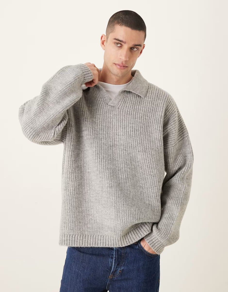 ASOS ASOS DESIGN super oversized boxy fit knitted fisherman rib notch neck jumper in grey