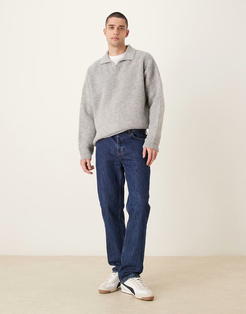 ASOS ASOS DESIGN super oversized boxy fit knitted fisherman rib notch neck jumper in grey - 2