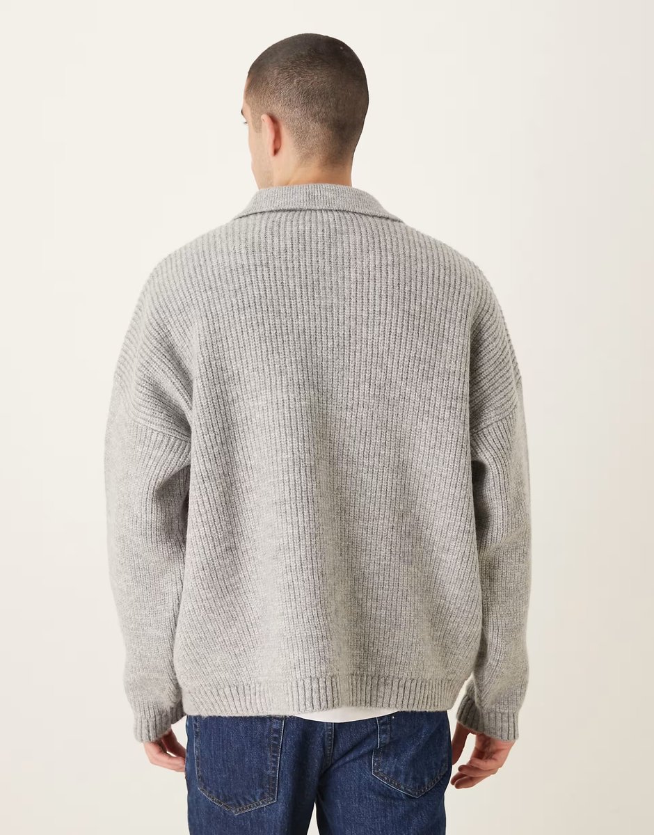 ASOS ASOS DESIGN super oversized boxy fit knitted fisherman rib notch neck jumper in grey - 3