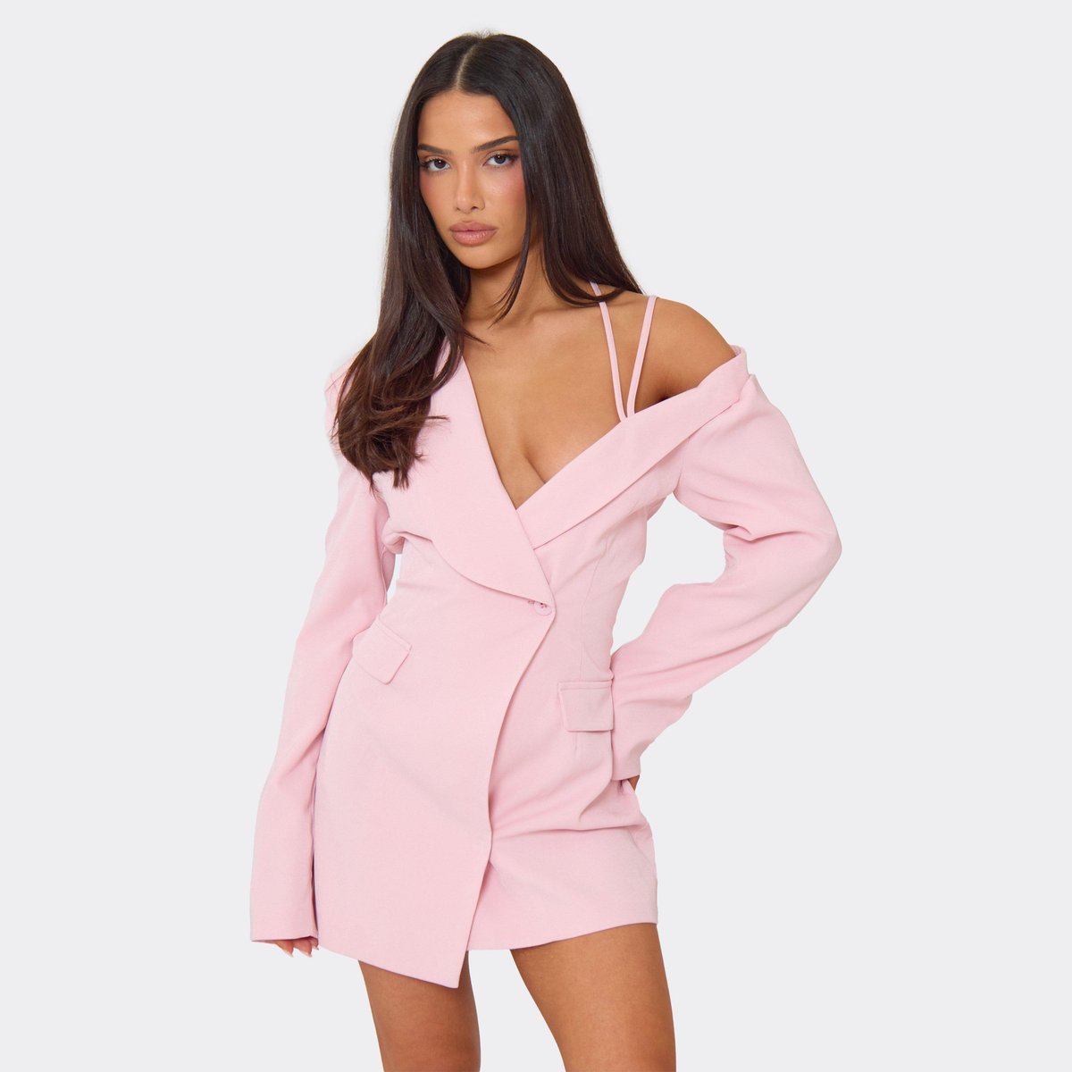 EGO Long Sleeve Strappy Blazer Dress In Baby Pink Woven, Women's Size UK 6 - 1