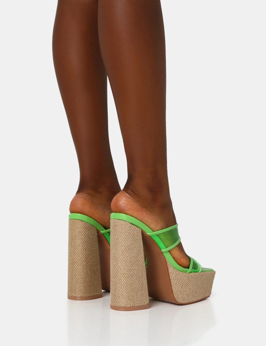 Public Desire Carley Neon Lime Perspex Mule Square Toe Platform Raffia Block Heels - 4