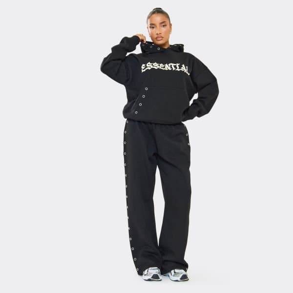 EGO Mid Rise Eyelet Detail Graphic Wide Leg Joggers In Black, Women's Size UK 8