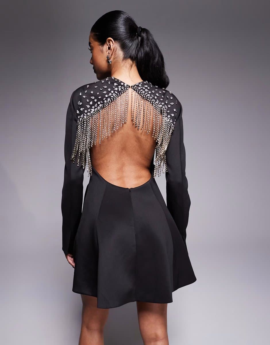ASOS ASOS DESIGN blazer mini dress with fringe embellished open back in black scuba-style fabric