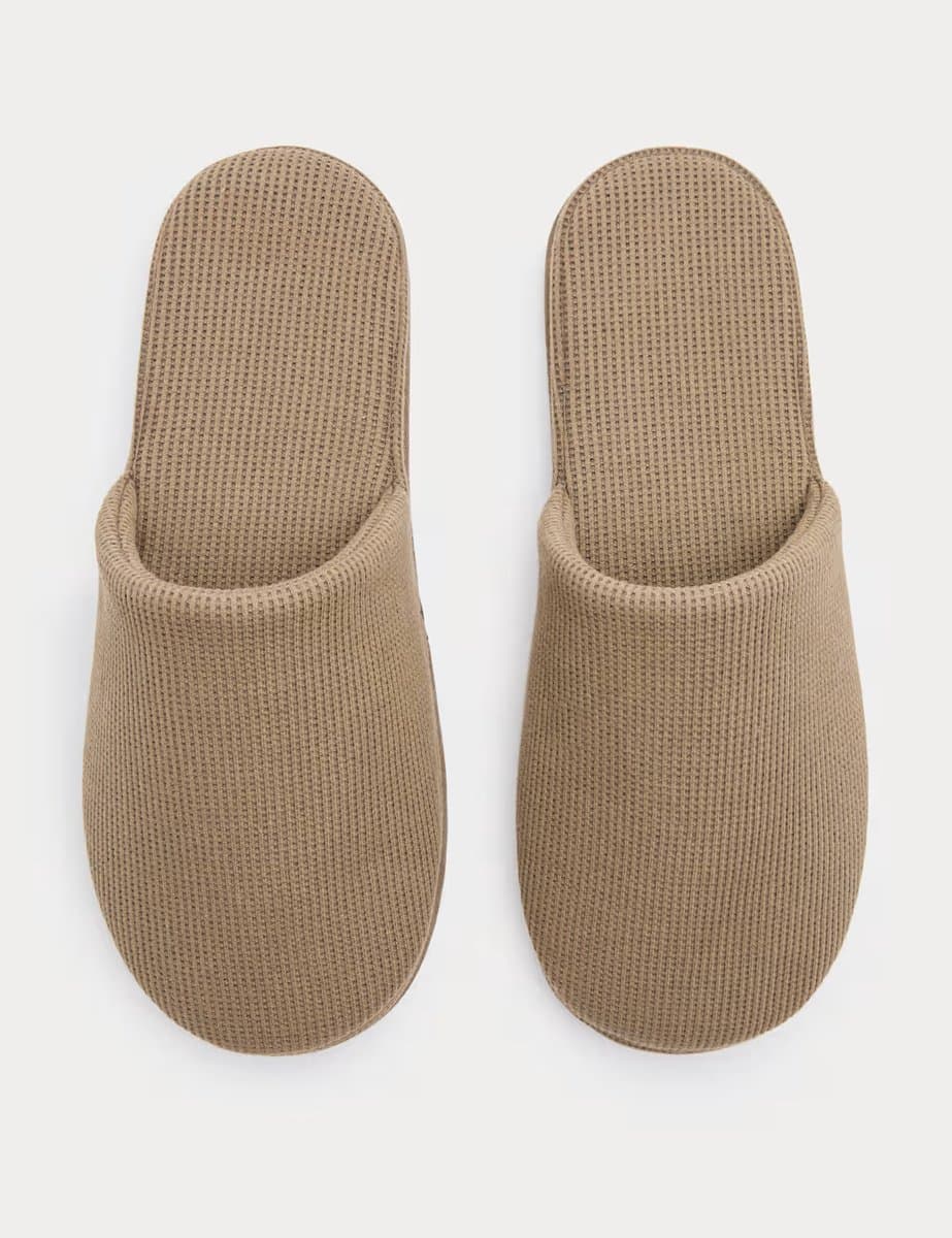 Marks & Spencer M&S Cozy Micro Waffle Mule Slippers in Beige