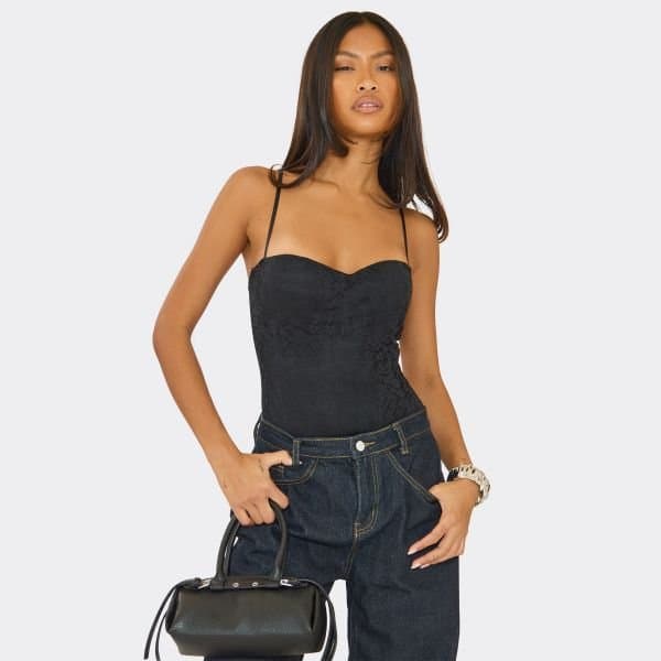 EGO EGO Sweetheart Neckline Bodysuit in Black Lace