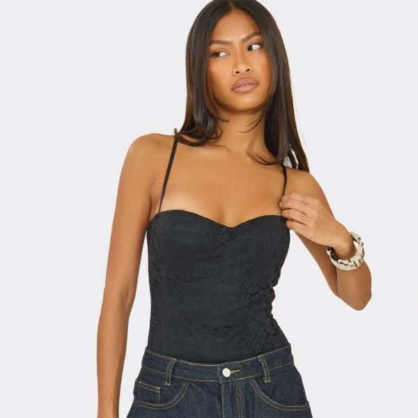 EGO Sweetheart Neckline Bodysuit In Black Lace, Women's Size UK 6 - 2