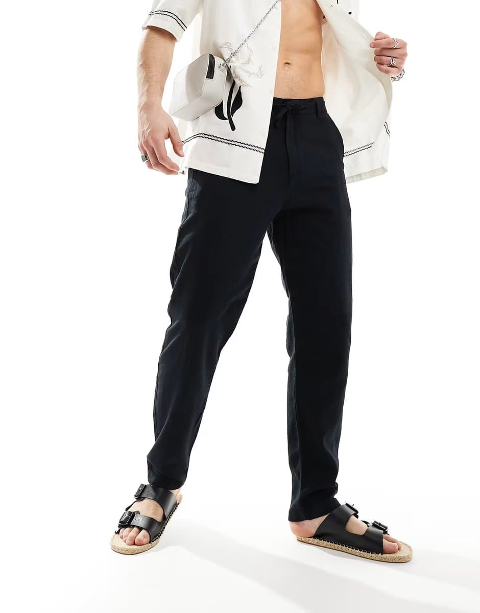 ASOS Selected slim tapered linen trousers in black