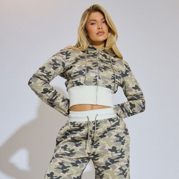 EGO Cinched Waist Zip Up Jacket In Green Camo Print, Women's Size UK 6