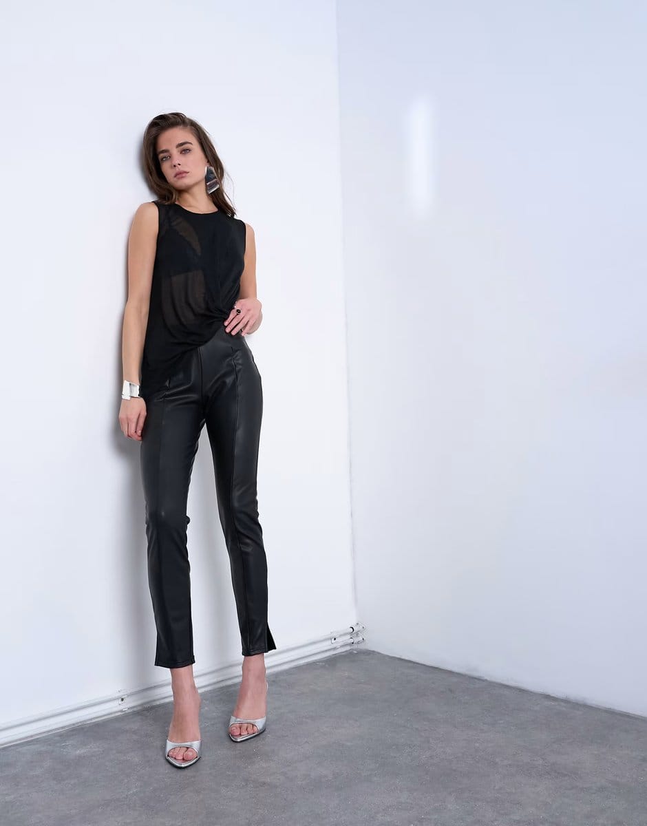 ASOS Topshop faux leather drain pipe skinny trouser in black - 1