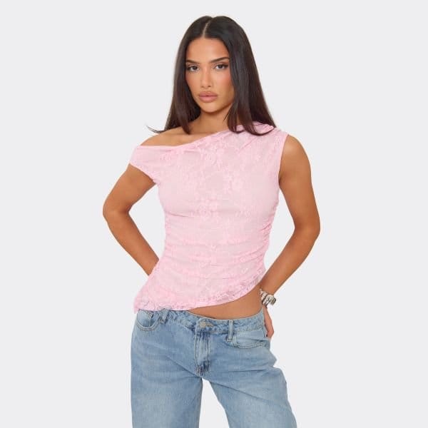 EGO One Shoulder Asymmetric Hem Top In Pink Lace, Women's Size UK 6 - 1