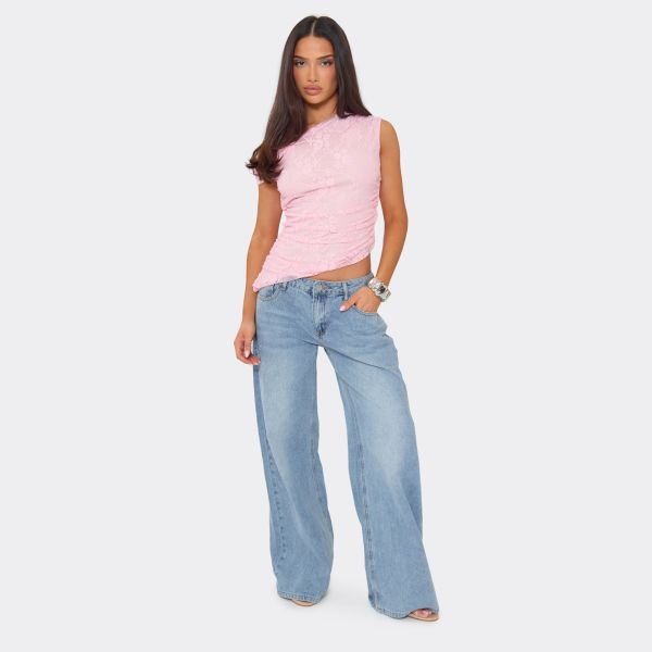 EGO One Shoulder Asymmetric Hem Top In Pink Lace, Women's Size UK 6 - 2