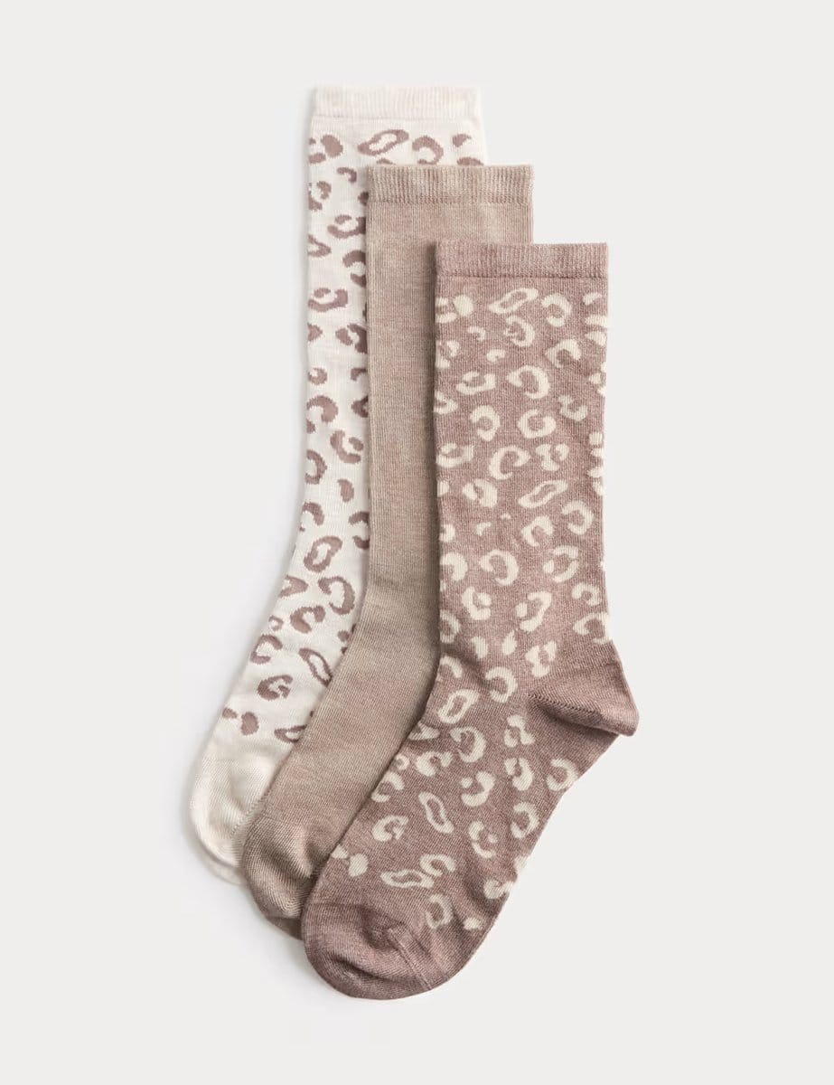 Marks & Spencer M&S 3 Pack Supersoft Animal Print Crew Socks Brown Mix - 1