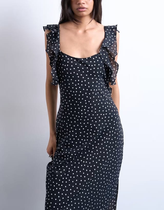 ASOS Topshop ruffle shoulder amalfi slip dress in black based spot - 3