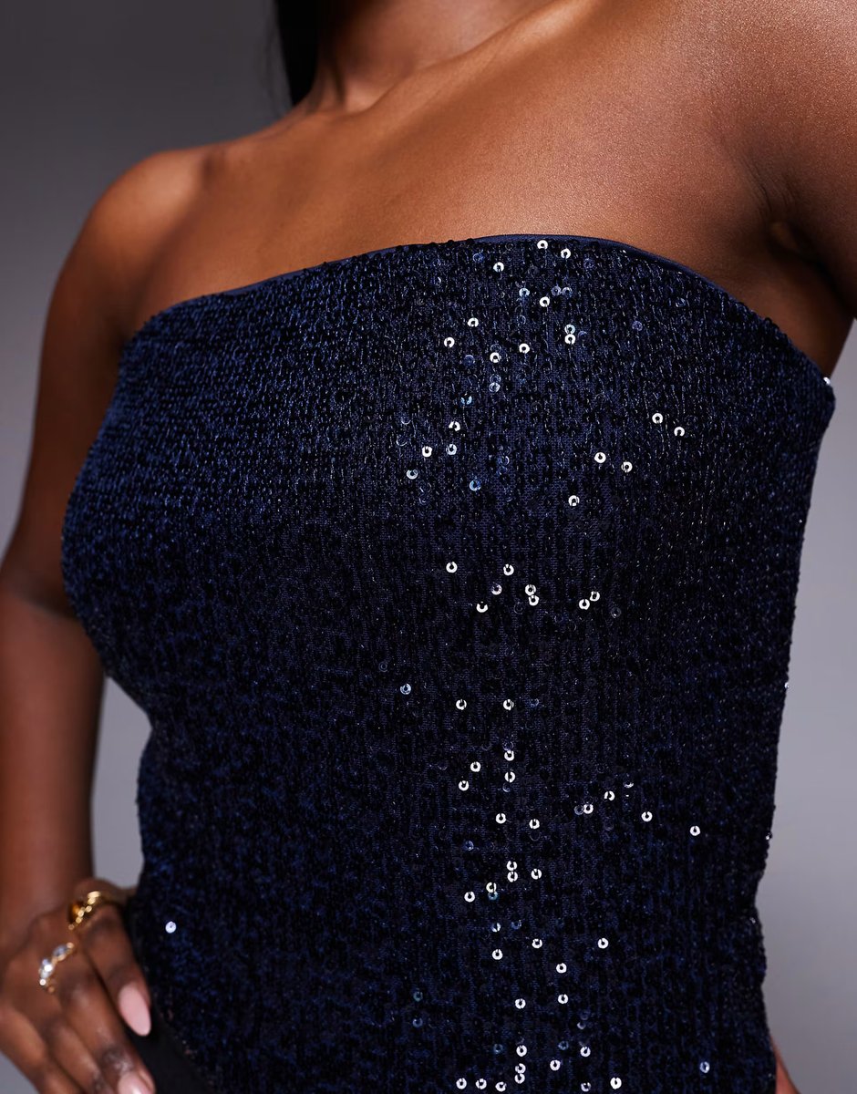 ASOS ASOS DESIGN allover sequin bandeau bodysuit in navy - 3