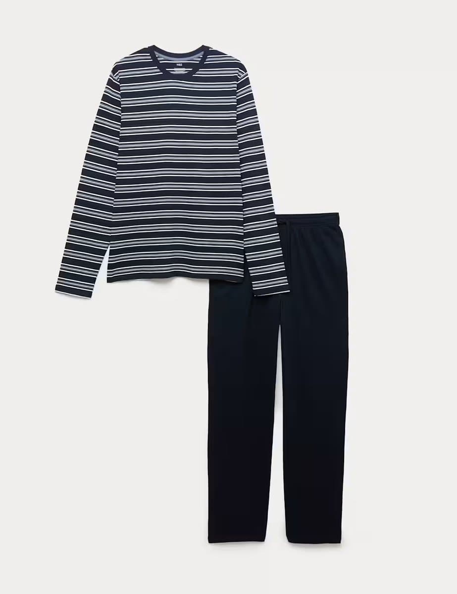 Marks & Spencer M&S Pure Cotton Striped Pyjama Set Navy Mix