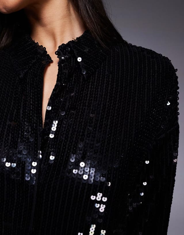 ASOS Kaiia exclusive premium sequin oversized shirt mini dress in black - 3