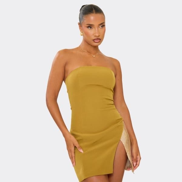 EGO Bandeau Contrast Chainmail Split Hem Mini Dress In Olive Green, Women's Size UK 6 - 1