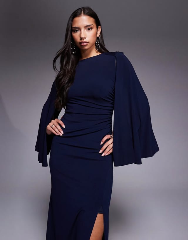 ASOS TFNC slinky cape sleeve ruched side maxi dress in navy - 3