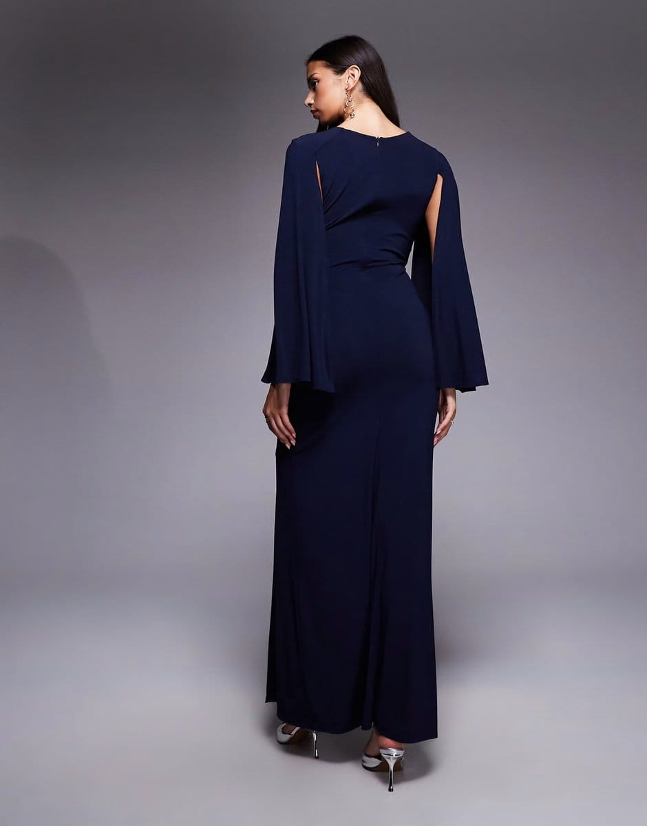 ASOS TFNC slinky cape sleeve ruched side maxi dress in navy - 4