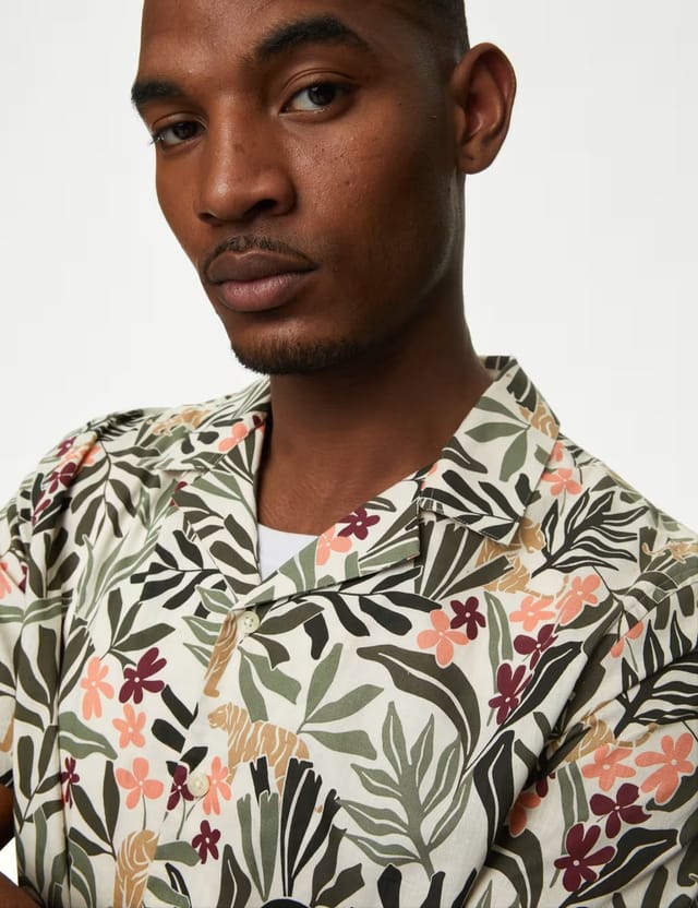 Marks & Spencer M&S Easy Iron Pure Cotton Cuban Collar Shirt Green Mix - 2