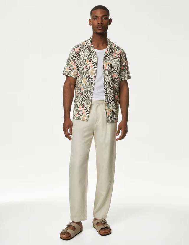 Marks & Spencer M&S Easy Iron Pure Cotton Cuban Collar Shirt Green Mix - 3