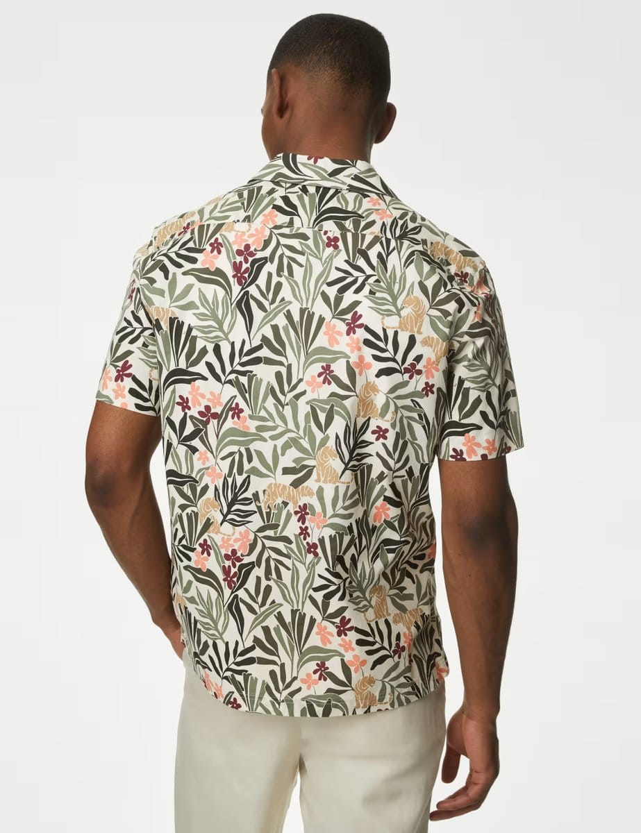 Marks & Spencer M&S Easy Iron Pure Cotton Cuban Collar Shirt Green Mix - 4