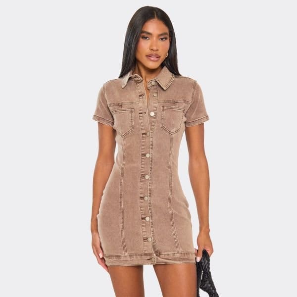 EGO Short Sleeve Button Down Pocket Detail Mini Dress In Washed Brown Denim, Women's Size UK 6 - 2