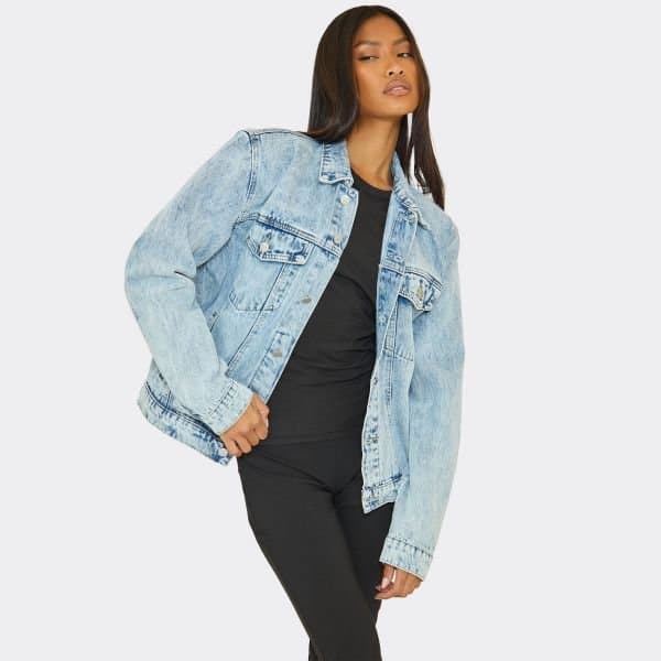 EGO Shoulder Pad Boxy Jacket In Light Blue Wash Denim, Women's Size UK 6