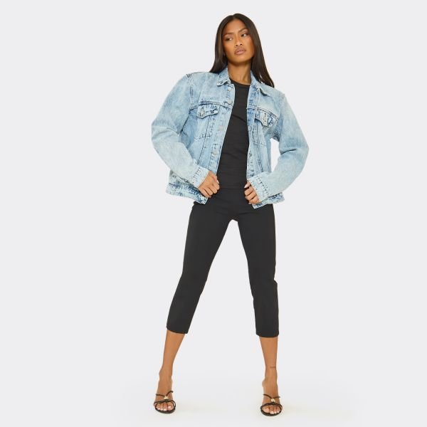EGO Shoulder Pad Boxy Jacket In Light Blue Wash Denim, Women's Size UK 6 - 2