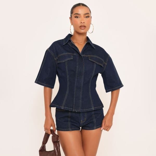 EGO Short Sleeve Cinched Waist Detail Collared Top In Indigo Denim, Women's Size UK 6