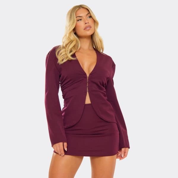 EGO EGO Long Sleeve Cinched Waist Blazer in Burgundy Red